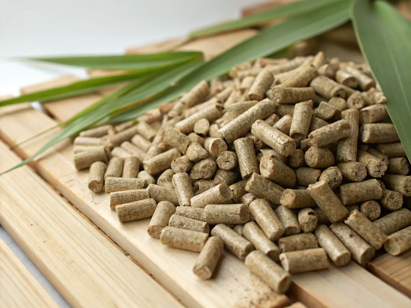 A close-up shot of a pile of Modern Pellets Sdn. Bhd.'s bamboo pellets, showcasing their uniform size and smooth texture, with a focus on the natural bamboo fibers.
